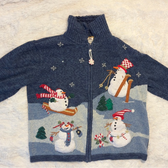Heirloom Collectibles vintage blue zip cardigan sweater with snowmen